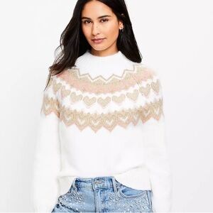 LOFT White Sweater with Pink and Gold Heart Pattern
